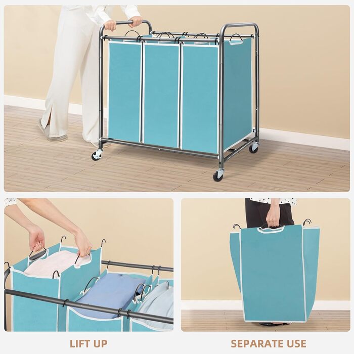 Сортувальник для білизни STORAGE MANIAC з 3 відділеннями, 136 л, з міцними колесами та знімними кишенями, кошик-органайзер для одягу, блакитний