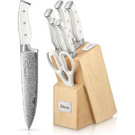 Набір ножів D.Perlla 7 предметів з точилкою, професійний кухонний набір з нержавіючої сталі з пластиковою ручкою та дерев'яним блоком, білий