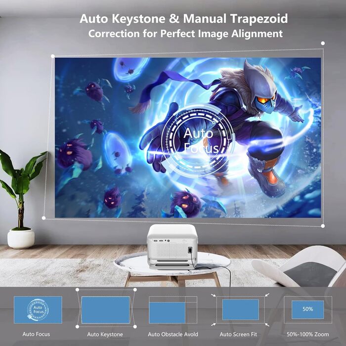 Міні-проектор Smart Beamer 4K з автофокусом та корекцією трапеції, WiFi6, Bluetooth, 600ANSI, 1080P Full HD, для дому та на вулицю, обертання 180°, сумісний з Netflix, модель L350-NF