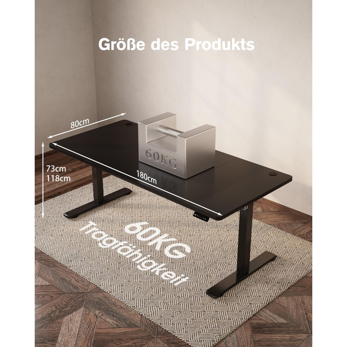 Регульований стіл Devoko з USB-роз'ємом: електричний, для роботи стоячи/сидячи, 180 x 80 см, чорний