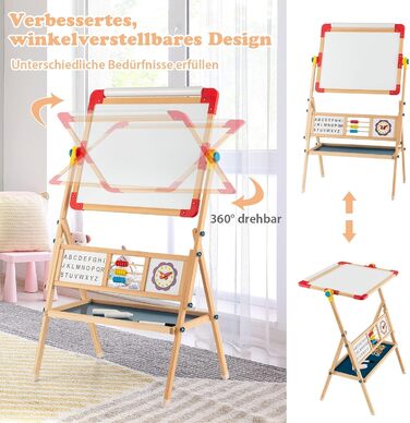 COSTWAY 3-в-1 дитяча мольберт-дошка з обертанням 360°, дерев'яний мольберт з двостороннім дощечкою, мольберт для малювання з полицею, рулон паперу, абакус, годинник та алфавіт для дітей від 3 років