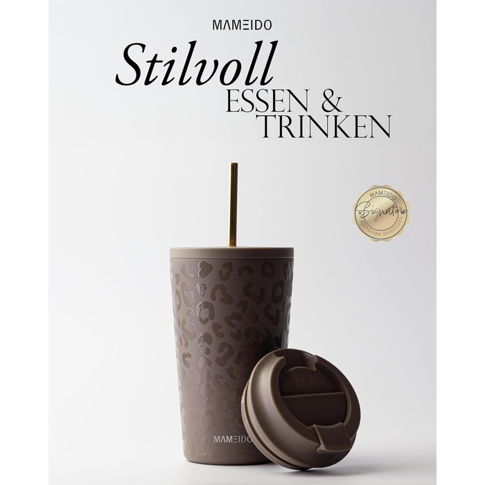 Термокружка MAMEIDO з трубочкою 470 мл, з кришкою та ізольованою сталевою трубочкою, подвійні стінки, не протікає, для кави на виніс (Wild Allure)