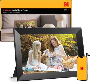 Цифровий фоторамка Kodak 10.1 дюймів з Wi-Fi, HD IPS-сенсорний екран, 32 ГБ пам'яті, автоматичне обертання зображень, можливість ділитися фото та відео через додаток, чорний