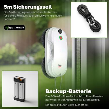 Робот для миття вікон AFR230 з подвійним розпиленням, інтелектуальною навігацією та пультом дистанційного керування, для внутрішніх та зовнішніх вікон, об'єм бака 60 мл, сумка для зберігання, 8 ганчірок