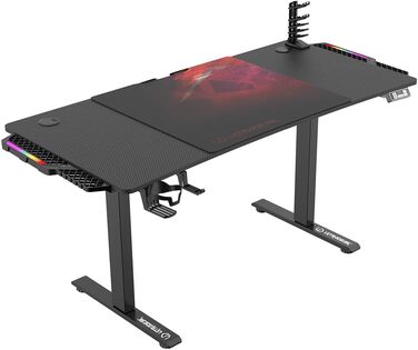 Ігровий стіл ULTRADESK Level V2 LED RGB з електричним регулюванням висоти Внутрішня пам'ять на 2 налаштування Подовжувач, килимок для миші розміру XXL Сталева рама, червона накладка, 140x68 см