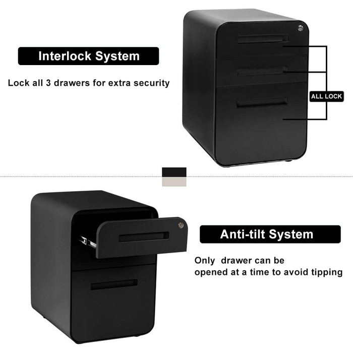 Роликовий контейнер DeHong з металу, мобільний офісний шафчик з 3 висувними ящиками, офісний контейнер, з можливістю замка та регульованих папок, збірно-розбірний, для офісу, дому, чорний