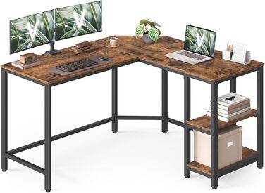 VASAGLE L-подібний кутовий стіл для комп'ютера, 138 x 138 x 76 см, з 2 полицями, для офісу та дому, геймінгу, чорний з текстурою дерева, LWD072B56