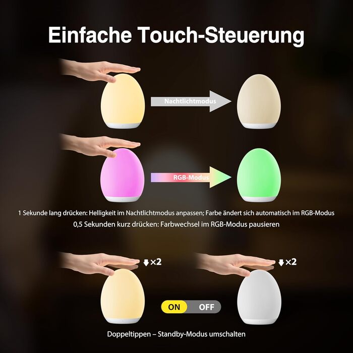 Нічник дитячий JolyWell з 8 режимами зміни кольору та регулюванням яскравості, перезаряджуваний нічник-яйце з таймером 1 година та сенсорним керуванням, білий