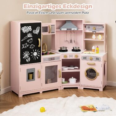 Дерев'яна дитяча кухня COSTWAY з підсвічуванням та звуком, кутова кухня з дошками, мікрохвильовою піччю, раковиною, духовкою та місцем для зберігання, з аксесуарами, іграшкова кухня для дітей від 3 років (білий/рожевий)