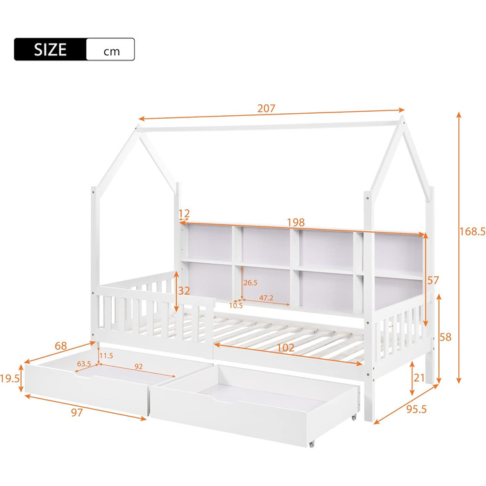 Ліжко дитяче 80x160 см з ящиками та віконцем, масивне дерево, захист від падіння, ламелі, для хлопчиків та дівчаток, ліжко-будиночок, без матраца, білий колір