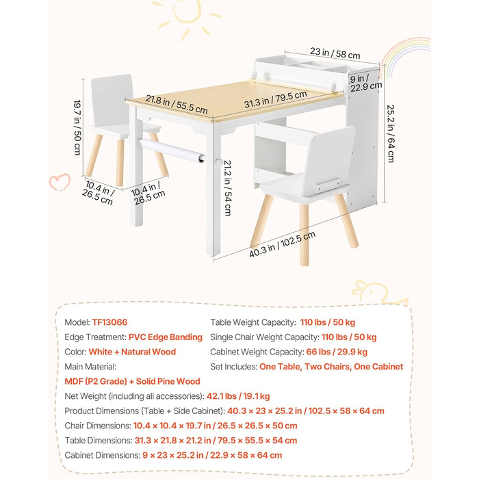 Дитячий стіл VEVOR з 2 стільцями та шафкою 3 ящики, набір для малювання, читання, письма, ігор, дитяча кімната, дитячий садок, білий + натуральне дерево, сучасний дизайн