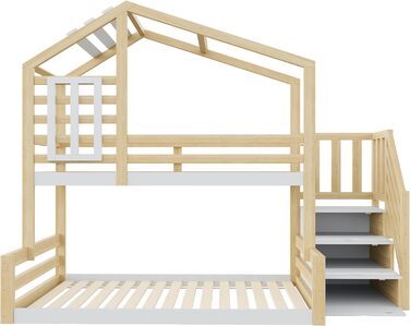 Двоярусне ліжко 90x200 та 140x200 см, дитяче ліжко-горище з місцем для зберігання, сходами та дахом, ліжко-будиночок з вікном, з ламелями та захистом від падіння, без матраца, натуральне дерево