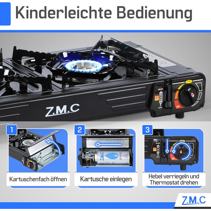 Преміум газовий набір для кемпінгу ZMC з 2 конфорками, 2,5 кВт, Piezo-запалювання, валіза для транспортування. Ідеально для відпочинку на природі, балкону та дому. Включає гриль-плиту 45×24 см та 227г газові картриджі.