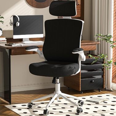 Ергономічне крісло для офісу з регульованою підголівником та поперековою підтримкою – високе офісне крісло з сітчастою спинкою та м'яким сидінням, вішалка для одягу та функцією блокування (Чорний колір з білим каркасом)