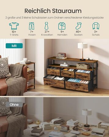 SONGMICS BELLAH: Комод з LED-підсвіткою, тумба з бездроговою зарядкою, 5 шухляд, індустріальний стиль, vintage brown + ink black