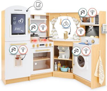 Дерев'яна кухня Мамабрум XXXL з LED-підсвічуванням та диспенсером для кубиків льоду - дитяча кухня з аксесуарами (мікрохвильова піч, посуд, столові прибори) для дітей 3+