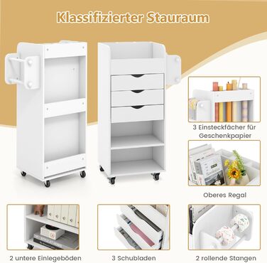 Роликовий контейнер COSTWAY з 3 висувними ящиками, робочий візок з 2 ручками та 3 полицями, дерев'яний шафка на колесах, багатофункціональний візок для офісу/кабінету (білий)