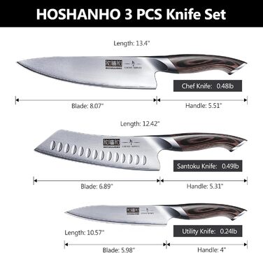 Набір кухонних ножів HOSHANHO з 3 предметів, професійний набір кухонних ножів з нержавіючої сталі, набір кухонних ножів для кухні (3 ножі, срібний)