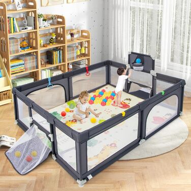 Манеж COSTWAY Baby 188x157см, складний, з матрацом, баскетбольним кільцем, футбольними сітками, матчевими м'ячами