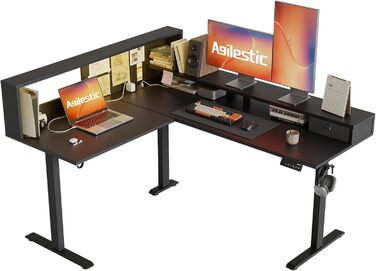 Регульований кутовий стіл Agilestic 160x140 см з LED та вилкою (Чорний)