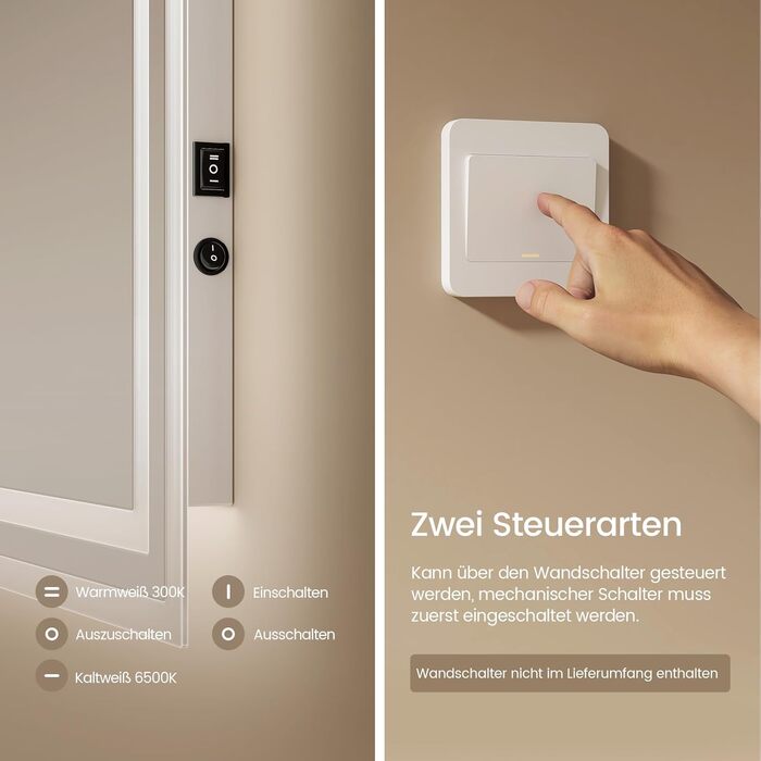 LED дзеркало для ванної кімнати EMKE 40x60 см з підсвічуванням, протитуманне, холодний/теплий білий світ, кнопка, алюмінієва рама, IP44, енергозберігаюче