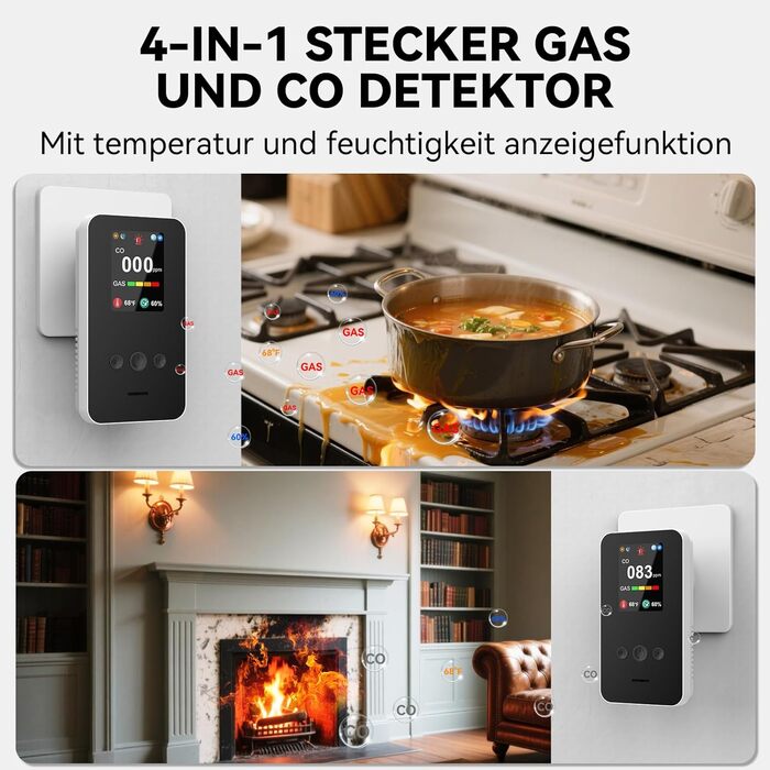 Детектор чадного газу та газу з вилкою, 4-в-1 CO-детектор з датчиком температури та вологості, з акустичним сигналом для дому та автодому, 1 шт. (Чорний) (Weiß 1 Quadrat)