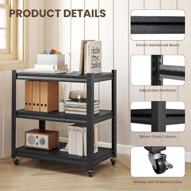 Металевий стелаж для кухні 80x86x45 см на коліщатках, чорний. Підходить для мікрохвильовки, інструментів, ванної кімнати та підвалу.