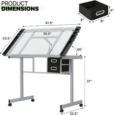 Регульований стіл для малювання Magshion з нахиленою скляною стільницею, переносний з 2 шухлядами та колесами, для художників, студентів (прозорий)