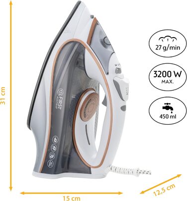 Відпарювач TZS First Austria I 2800-3200W з керамічною підошвою | Самоочищення, вертикальний пар, антинакип | 0,45л, 1.3кг, білий/мідний