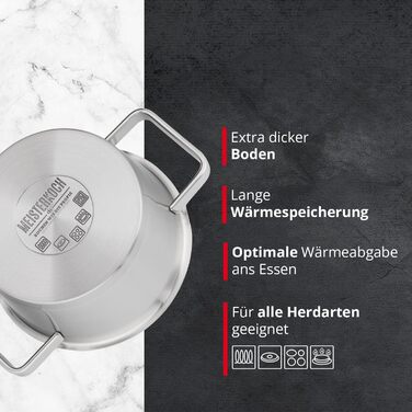 Каструля Meisterkoch з нержавіючої сталі 16 см з виливом, мірною шкалою та ізольованою ручкою | з кришкою з скла та ситом | кухонне приладдя, підходить для індукційних плит