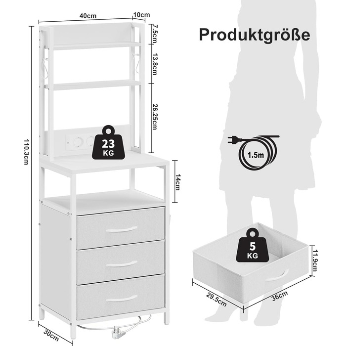 Нічний столик з підзарядкою та LED, бічний столик з 3 висувними ящиками з тканини, тумбочка з полицею для книг, відкрите відділення, 2 розетки AC, USB та Type C порти, для спальні, вітальні, офісу (40x30x60 см, Білий, 1)