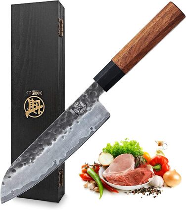 Японський ніж Mitsumoto Sakari Santoku 19 см з високоякісної сталі, ручка з рожевого дерева, подарункова коробка