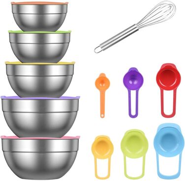 Набір місок для перемішування, 5 шт. з нержавіючої сталі, салатник з кришкою для кухні, приготування їжі, випічки, з 6 мірних ложок та вінчиком