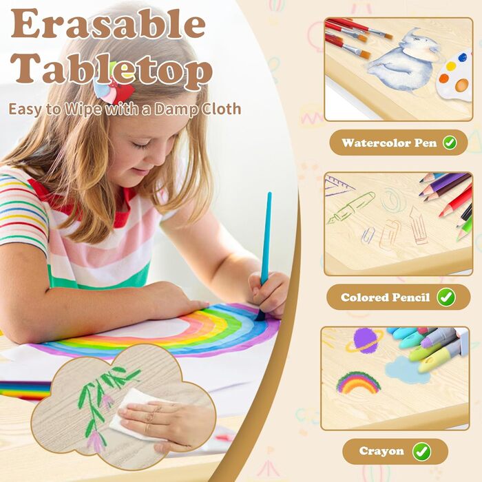 Дитячий стіл зі стільцями, дитяча група для сидіння, регульована по висоті з HDPE та ABS, багатофункціональний дитячий стіл для дітей 2-10 років, ергономічний стіл-стілець для дитячої кімнати (120*60 см, колір дерева)