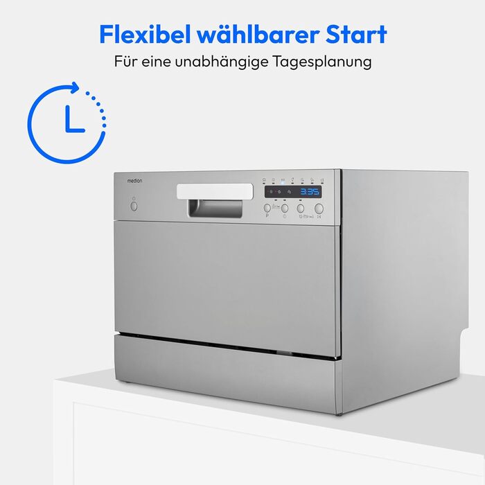 Посудомийна машина MEDION DWT60, 6 комплектів, 7 програм, ECO, AquaStop, LED дисплей, захист від дітей, срібна