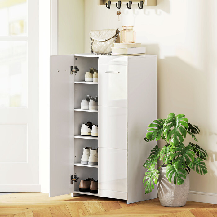 Шафа для взуття з глянцевим покриттям, органайзер для взуття з регульованими полицями для передпокою, коридору, вміщує до 10 пар, білий