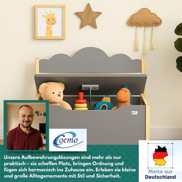 Дерев'яна іграшкова скриня Coemo з банківкою, біла, Trudi, 60x26x55 см – для дитячої кімнати, з місцем для зберігання, безпечним шарніром, зручною висотою, декоративним дизайном хмари (сірий)