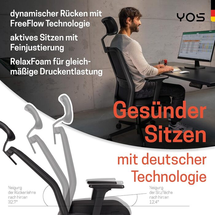 Офісний стілець YOS S5 з підтримкою спини та голови, чорний. Ergonomічний стілець до 150 кг, Made in Germany