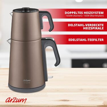 Електричний чайник Arzum Ehlikeyf – турецький чайник, 2200W, 3,5л, 1,2л глечик, нержавіюча сталь, регулювання температури, захист від сухого кипіння