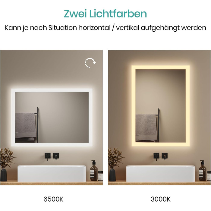 Дзеркало для ванної кімнати EMKE з підсвічуванням 120x60 см, тепле біле світло 3000K, вимикач, антизапар, 2 кольори світла, матовий бордюр