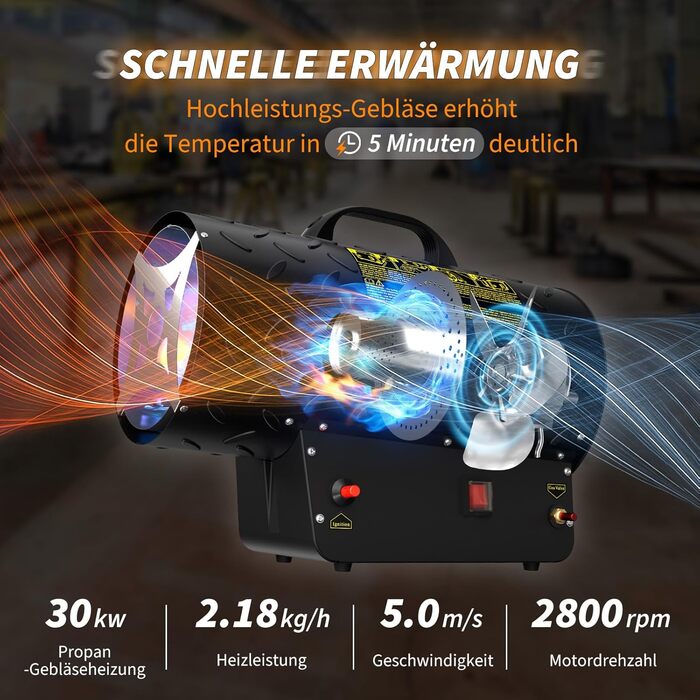 Газовий нагрівач для приміщень: газовий нагрівач-вентилятор, 30 кВт, 320 м³/год, з шлангом 1,4 м, 700 мбар