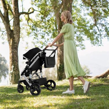 Дитяча коляска Bergsteiger Nizza 3 в 1, комплект: автокрісло, люлька, прогулянковий блок (чорний/срібний)