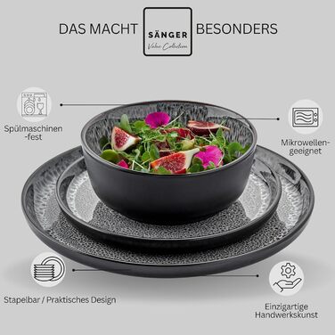 Набір посуду SÄNGER Sydney (36 предметів) | Набір тарілок на 12 осіб | Темно-сірий, стійкий до подряпин | VALUE COLLECTION