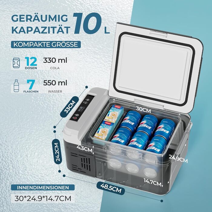EUHOMY компресорний холодильник 10L (-20℃~20℃) 12/24V DC & 230V AC з Bluetooth, швидке охолодження 15 хв, для кемпінгу та подорожей