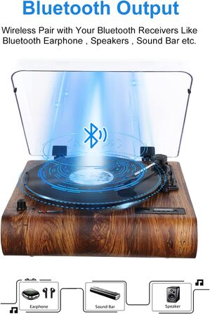 Вініловий програвач VOSTERIO Bluetooth з вбудованими HiFi стерео динаміками, підтримкою 3 швидкостей (33/45/78 об/хв), функцією оцифрування вінілових платівок у MP3, FM-радіо, USB, TF, Aux-In, RCA, LED-дисплеєм