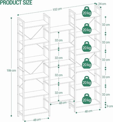 Книжкова шафа, 17 полиць, 6 полиць, Регульована, 24x152x186 см, 340 кг, Вітальня/офіс, Вінтаж коричнево-чорний