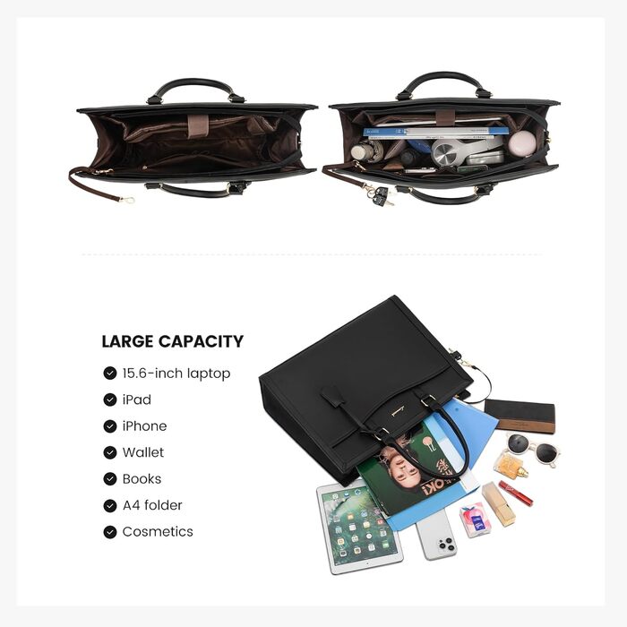 Сумка для ноутбука LOVEVOOK 15.6 дюймів, жіноча, велика, з натуральної шкіри, shopper, tote bag, для роботи, навчання, універсальна, чорна