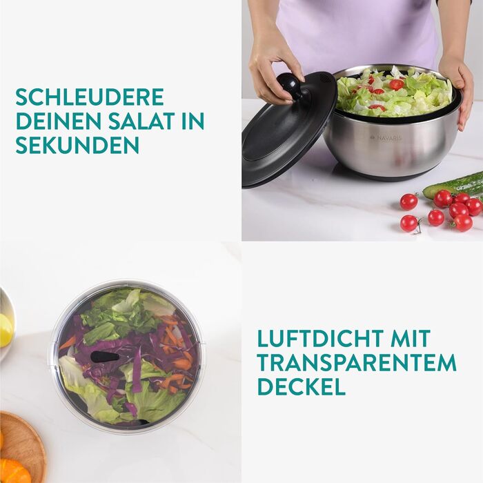 Навіс салатниця з нержавіючої сталі Navaris з кришкою та друшляком - для сушіння салату