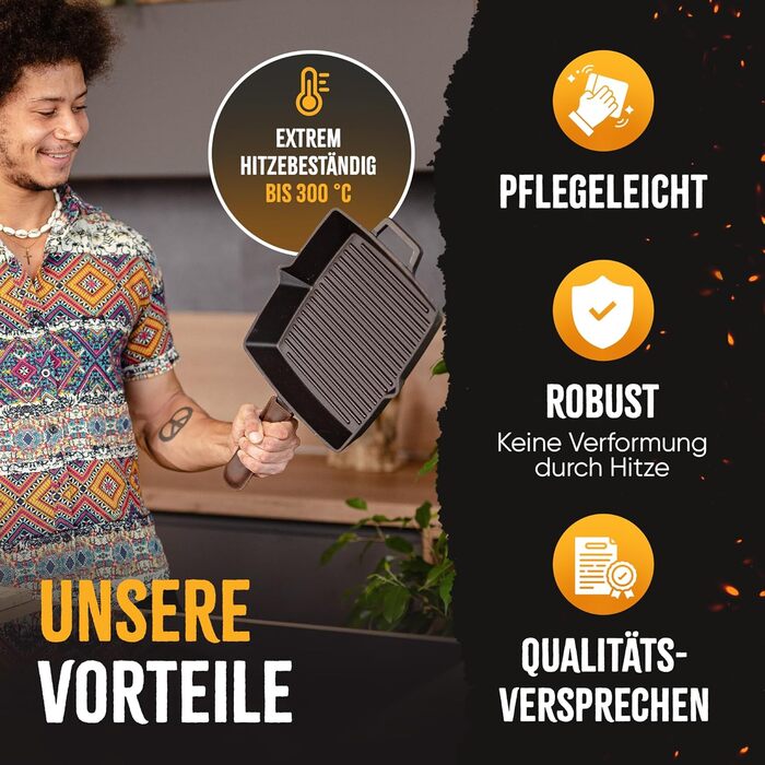 Сковорода-гриль з чавуну, 26 см, емальована, для приготування стейків, сумісна з усіма типами плит