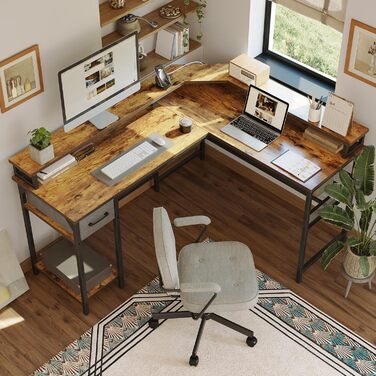 Комп'ютерний стіл CubiCubi L-подібний з розеткою, великий кутовий офісний стіл, 148 x 120 см, LED, вінтажний коричневий